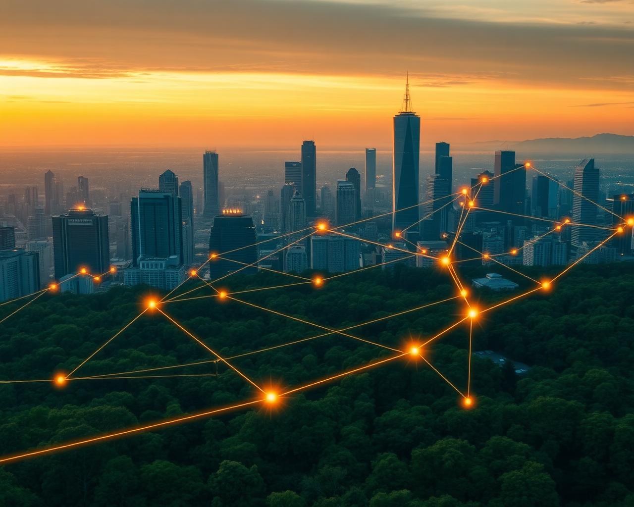 Smart city network at sunset with connected data nodes